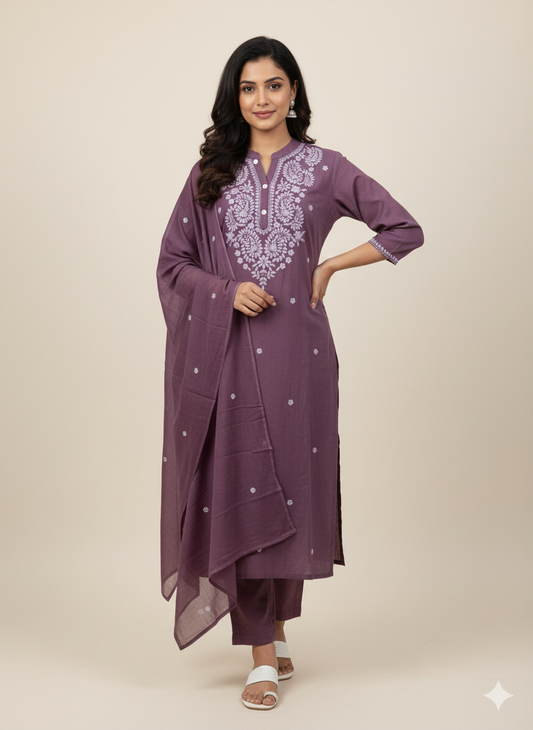 Purple khadi machine work dress