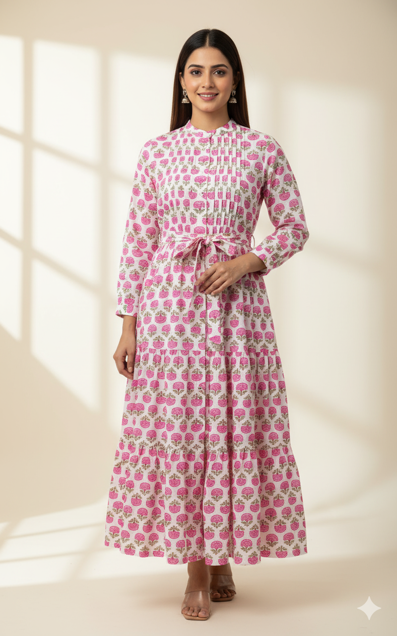Floral Printed Cotton Kurti with Pleated Yoke with tiered