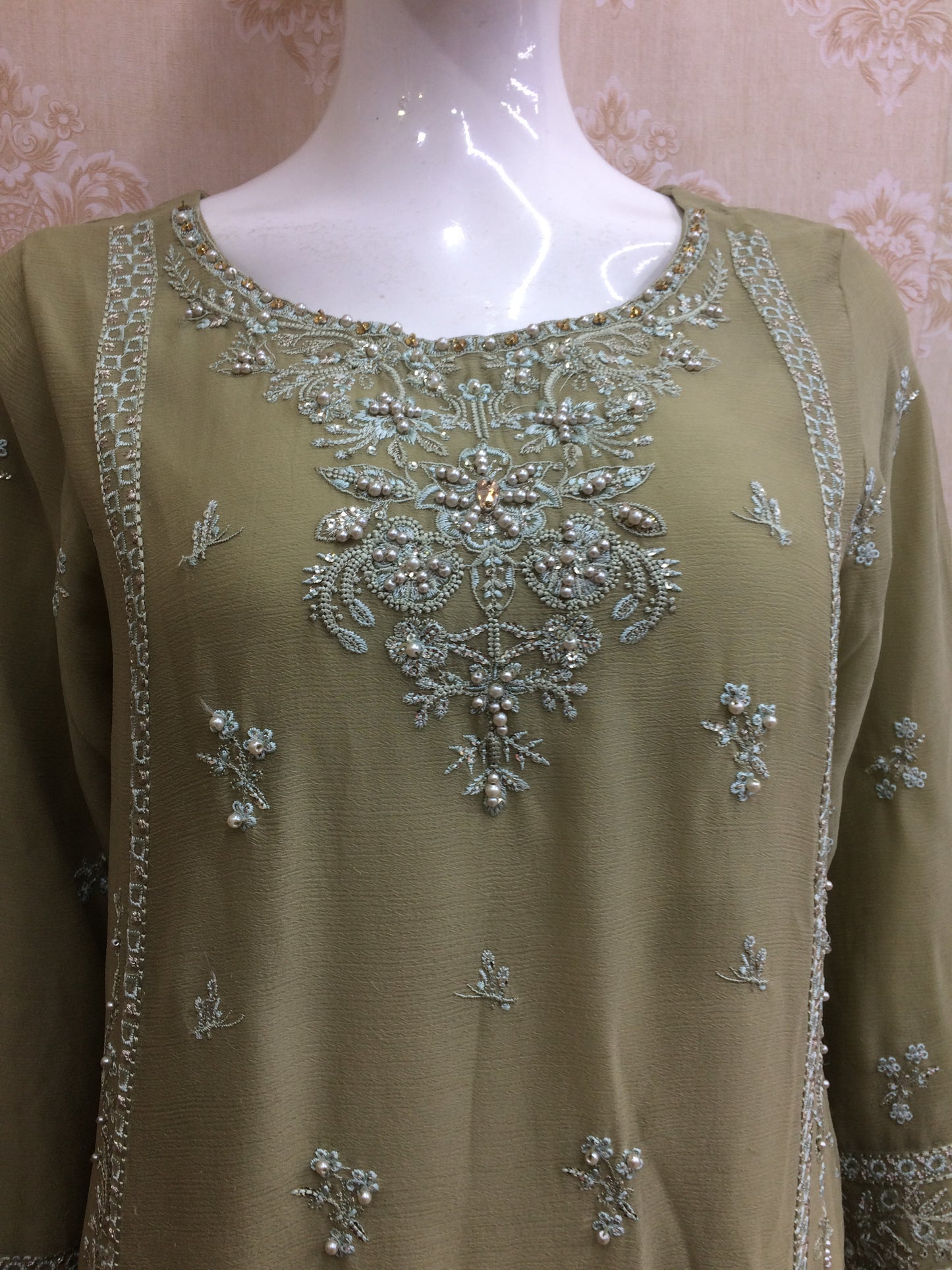 Elegant Olive Green Chiffon Salwar Kameez Suit with Tone-on-Tone Chikankari Style Embroidery - Ready to Wear dress
