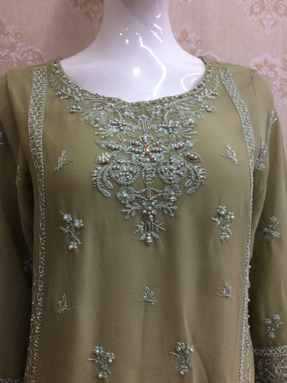 Elegant Olive Green Chiffon Salwar Kameez Suit with Tone-on-Tone Chikankari Style Embroidery - Ready to Wear dress
