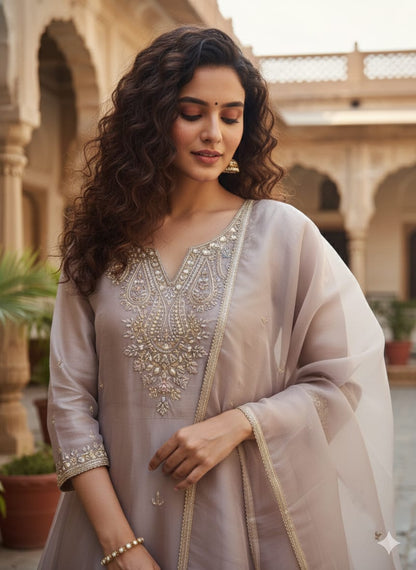 Zhanna Ethereal Mauve Hand-Embroidered Organza Anarkali Set