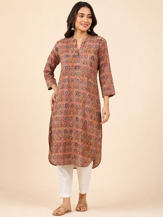 Minza biba orange n printed kurti