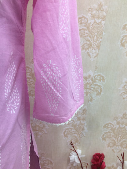 Charming Pink Cotton Kurti with White Mirror Work